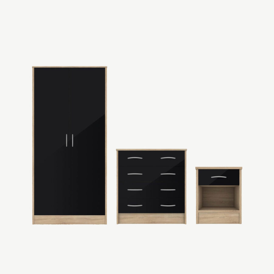 Bardalona Trio Wardrobe, Chest & Bedside Black Gloss